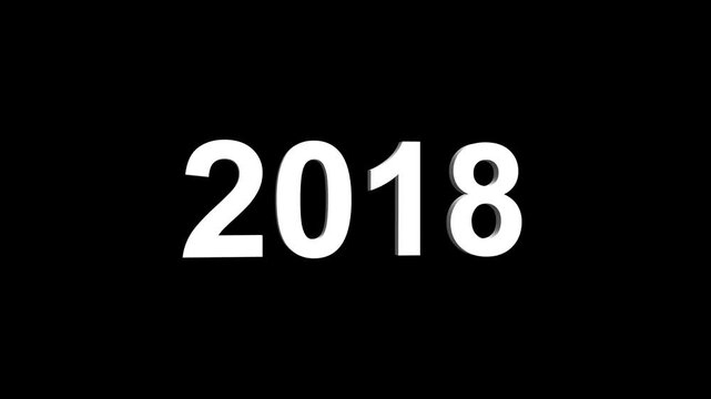 Bright white 3D number 2018 text animation floating against a deep black void offering a vibrant and modern visual for the year with a sense of digital energy. 
