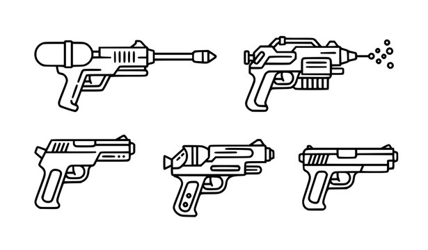 A set of five black and white line art illustrations of various futuristic guns and blasters