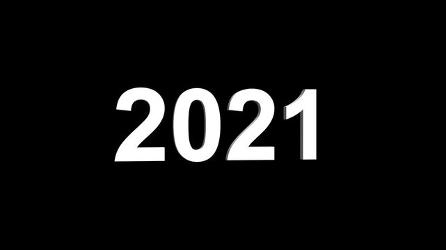 Bright white 3D number 2021 text animation floating against a deep black void offering a vibrant and modern visual for the year with a sense of digital energy. 