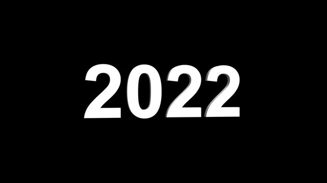 Bright white 3D number 2022 text animation floating against a deep black void offering a vibrant and modern visual for the year with a sense of digital energy. 