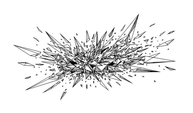 A black and white vector graphic illustration of a shattered explosion