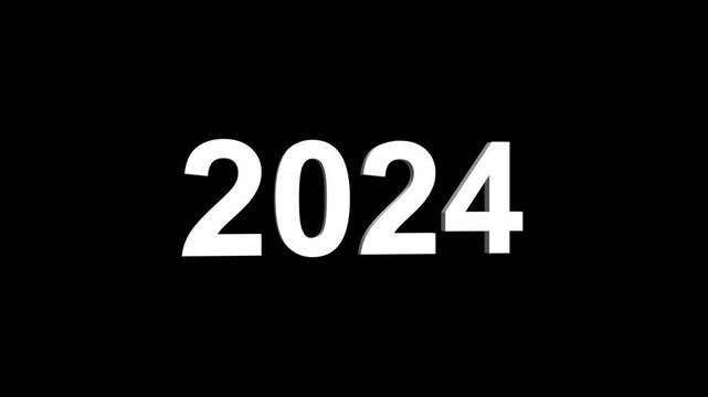 Bright white 3D number 2024 text animation floating against a deep black void offering a vibrant and modern visual for the year with a sense of digital energy. 