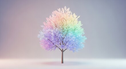 Obraz premium Whimsical pastel rainbow tree glowing with delicate lights in an ethereal setting