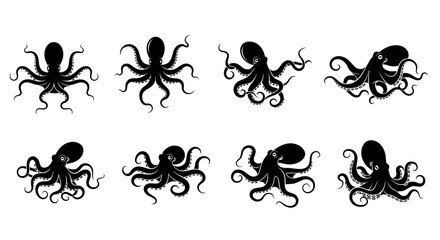 Fototapeta premium A collection of eight distinct octopus illustrations in silhouette form, showcasing diverse poses and movements of the marine cephalopod