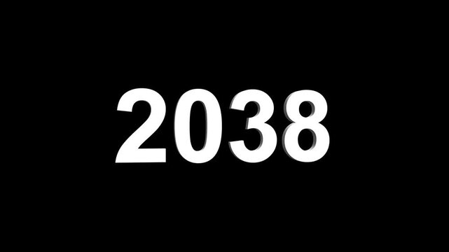 Bright white 3D number 2038 text animation floating against a deep black void offering a vibrant and modern visual for the year with a sense of digital energy. 