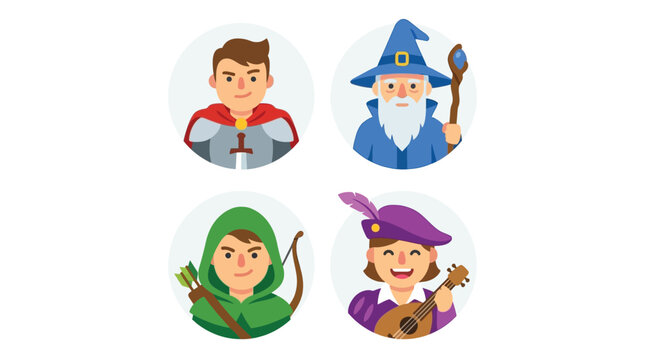 Four fantasy character avatars including a knight, wizard, archer, and bard, representing various roles in role-playing games and medieval tales.
