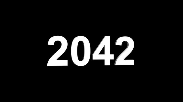 Bright white 3D number 2042 text animation floating against a deep black void offering a vibrant and modern visual for the year with a sense of digital energy. 