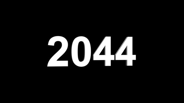 Bright white 3D number 2044 text animation floating against a deep black void offering a vibrant and modern visual for the year with a sense of digital energy. 