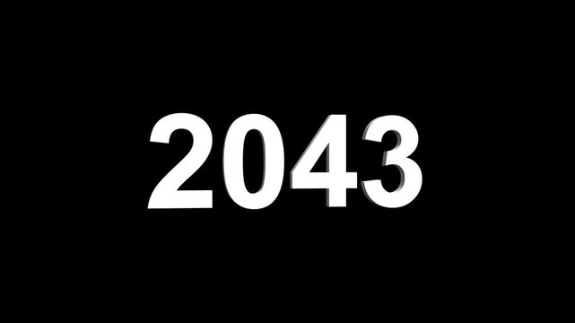 Bright white 3D number 2043 text animation floating against a deep black void offering a vibrant and modern visual for the year with a sense of digital energy. 