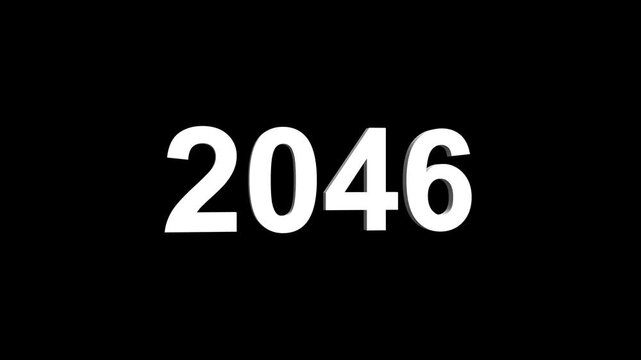 Bright white 3D number 2046 text animation floating against a deep black void offering a vibrant and modern visual for the year with a sense of digital energy. 