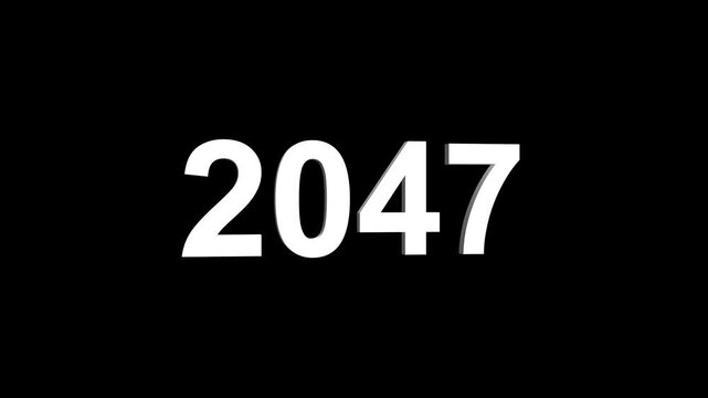 Bright white 3D number 2047 text animation floating against a deep black void offering a vibrant and modern visual for the year with a sense of digital energy. 