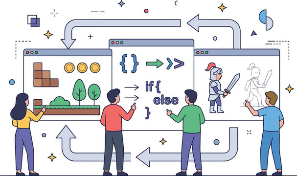 Creative Team Collaborating on Video Game Development Project, Illustrating Programming and Design Process
