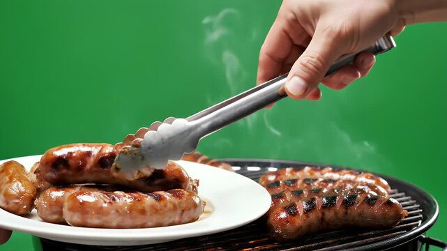 Hand using tongs to flip sizzling sausages on a black grill with steam rising against a vibrant green background, close-up shot