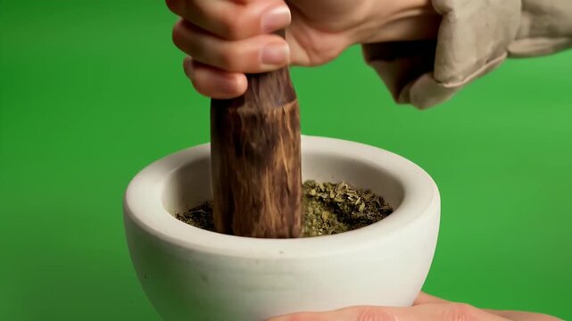 Hands grinding dried herbs and spices in a white mortar with a wooden pestle on a vibrant green background isolated for compositing