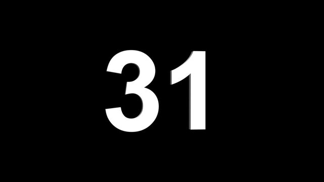 Bold white 3D number 31 illuminated on a black backdrop, ideal for anniversaries, milestones, business achievements, or promotional campaigns. Animated alphabet symbol loop animation.