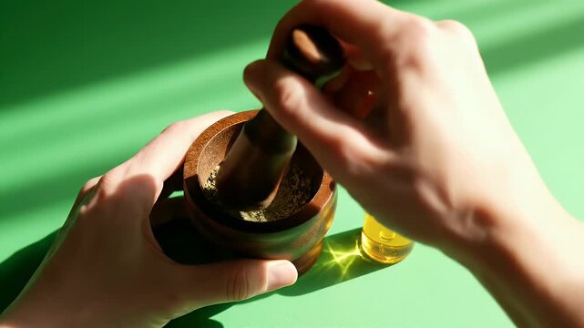 Hands grinding herbs in wooden mortar with pestle next to yellow oil dropper bottle on vibrant green background with natural light casting shadows