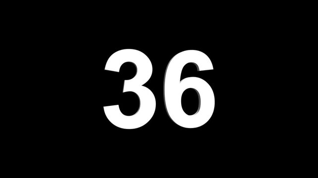 Bold white 3D number 36 illuminated on a black backdrop, ideal for anniversaries, milestones, business achievements, or promotional campaigns. Animated alphabet symbol loop animation.