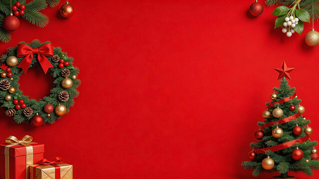 Elegant Red Christmas Mockup with Pinecone Wreath, Tree, and Gold Accents. Christmas Background, Christmas, Christmas Tree, Merry Christmas, Christmas Wallpaper