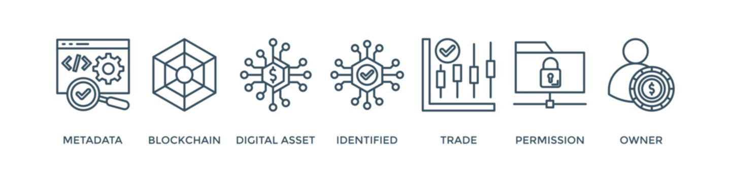 Nft banner web icon vector illustration concept with icon of metadata, blockchain, digital asset, identified, trade, permission and owner