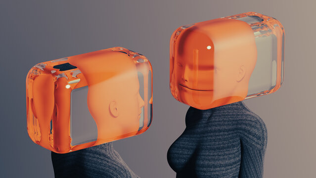 Portrait of women with glass covering her head showing thought concept