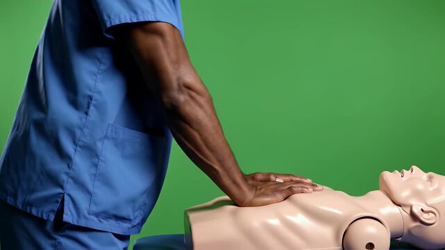 Healthcare professional practices cardiopulmonary resuscitation chest compressions on medical training dummy with green screen background