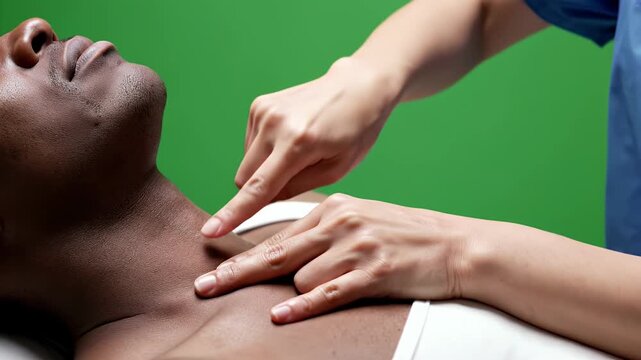 Healthcare Professional Palpating Carotid Artery on Patient During Medical Examination Isolated on Green Screen Background