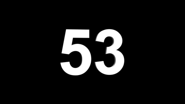 Bold white 3D number 53 illuminated on a black backdrop, ideal for anniversaries, milestones, business achievements, or promotional campaigns. Animated alphabet symbol loop animation.