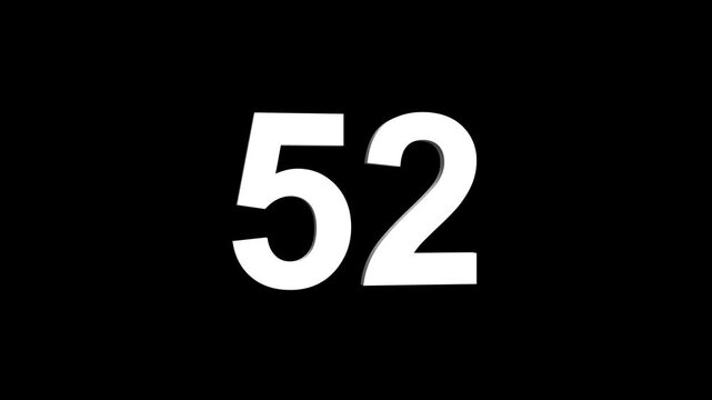 Bold white 3D number 52 illuminated on a black backdrop, ideal for anniversaries, milestones, business achievements, or promotional campaigns. Animated alphabet symbol loop animation.