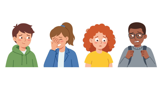 Four diverse young people showing expressions of shyness, embarrassment, and anxiety.