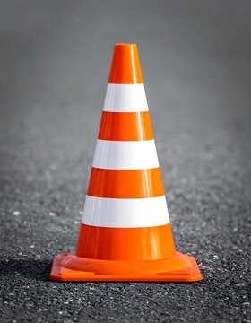 Bright orange traffic cone with white bands stands alone on asphalt