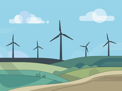 Wind turbines generate electricity in a green landscape with hills and clouds