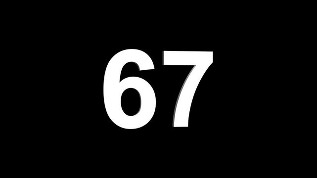 Bold white 3D number 67 illuminated on a black backdrop, ideal for anniversaries, milestones, business achievements, or promotional campaigns. Animated alphabet symbol loop animation.