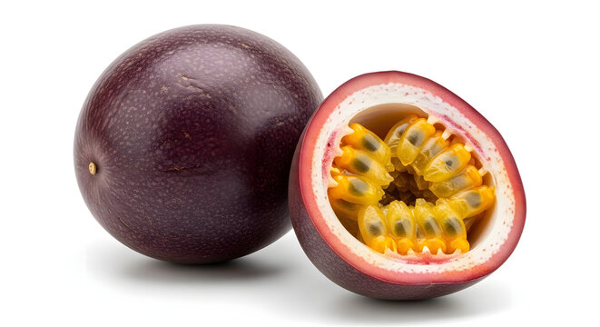 Vibrant whole and halved passion fruit isolated on white. Perfect for tropical drinks, desserts, and fresh produce imagery