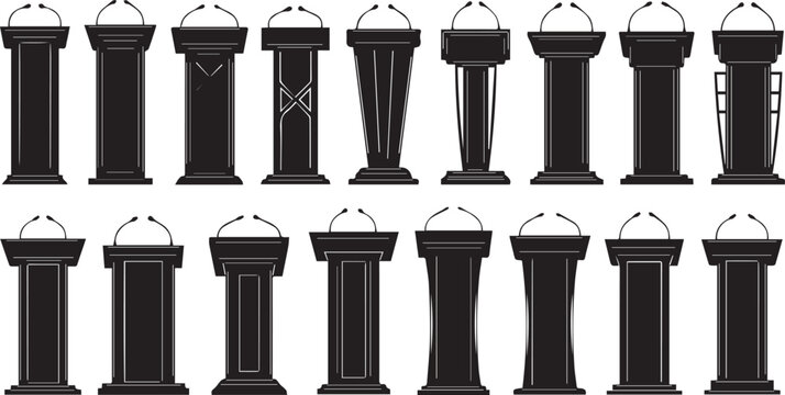 Set of podiums and lecterns for public speaking and presentations in various designs.