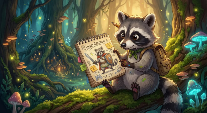 Cute raccoon artist drawing a heroic raccoon character in a magical forest