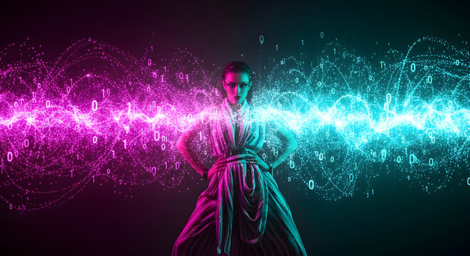 Woman in Futuristic Digital Wave Fashion