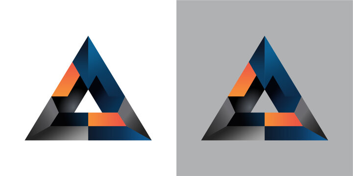 A modern, abstract geometric design featuring a triangular shape constructed with layered blue, orange, and gray elements. This optical illusion-style graphic is ideal for concepts related to strategy