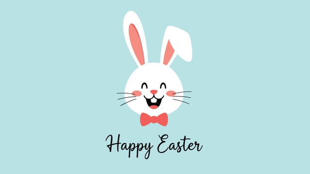 Cute cartoon illustration of a happy white Easter bunny with Happy Easter text on a light blue background for festive holiday cards.