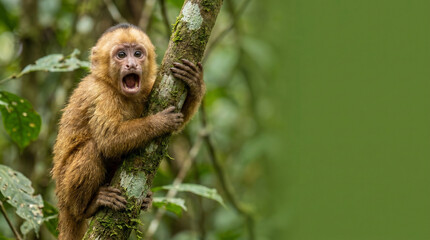 Young monkey clinging to tree in lush green rainforest, funny animal, meme © Suparjo