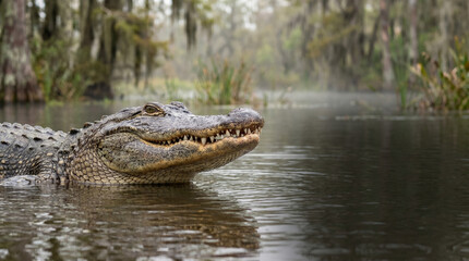 Obraz premium Alligator swimming in a misty swamp with lush vegetation, funny animal, meme