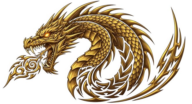 Golden Dragon Illustration with Fierce Expression and Detailed Scales