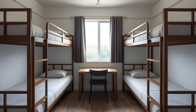 A simple hostel room with four bunk beds and a desk by the window