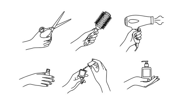 A set of hands holding various hair and beauty tools and products