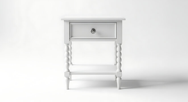White Wooden Nightstand with Drawer and Shelf on Bobbin Legs