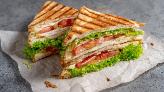 Deliciously Layered Diagonal Cut Sandwich with Fresh Ingredients and Fillings