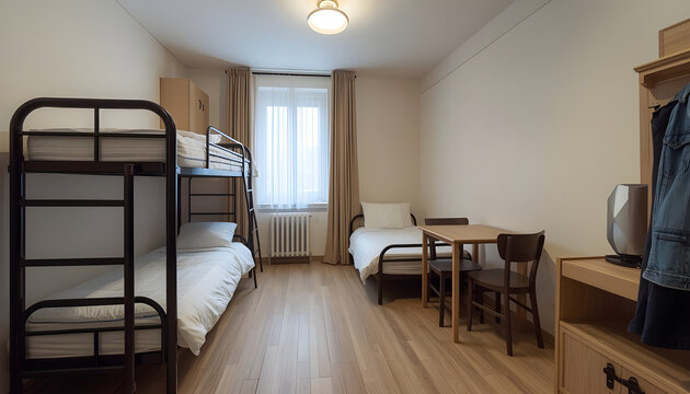A simple and functional hostel room with bunk beds, a desk, and a single bed