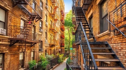 Fototapeta premium Escape Route with Fire Escape Staircase in Brick Building on Sunny Day