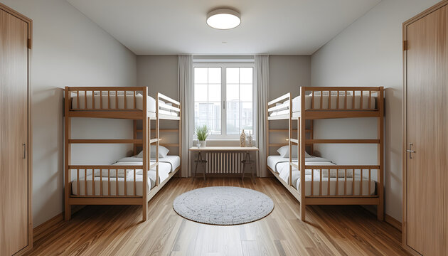 A modern and cozy shared bedroom with bunk beds and wooden furniture