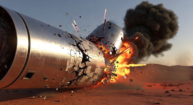 a large metallic rocket crash and explosion in a desolate red desert depicting a catastrophic space mission failure