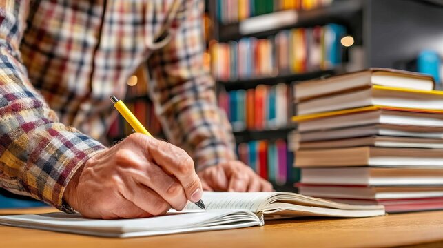 Person Annotating Notes in a Catalog with Books on a Wooden Table